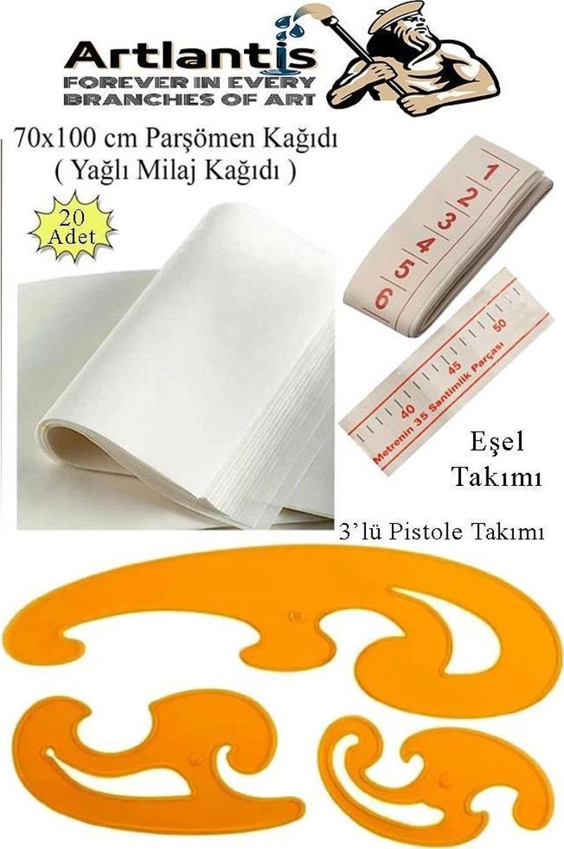 Eşel Takımı 3 lü Büyük Pistole Takımı ve 20 Adet Yağlı Kağıt Milaj Seti 1 Paket Eşel Cetveli Parşömen Kağıdı Moda Tasarı