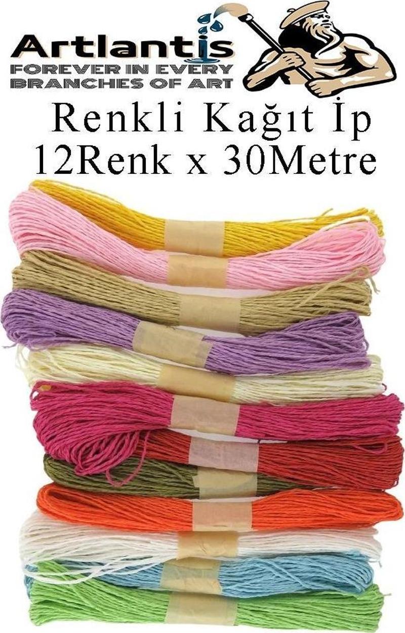 Kağıt İp 12 Renk 1 Paket Kraft Kağıt İp 12 li 30 Metre Hobi Hediye Paketleme Kağıt İp