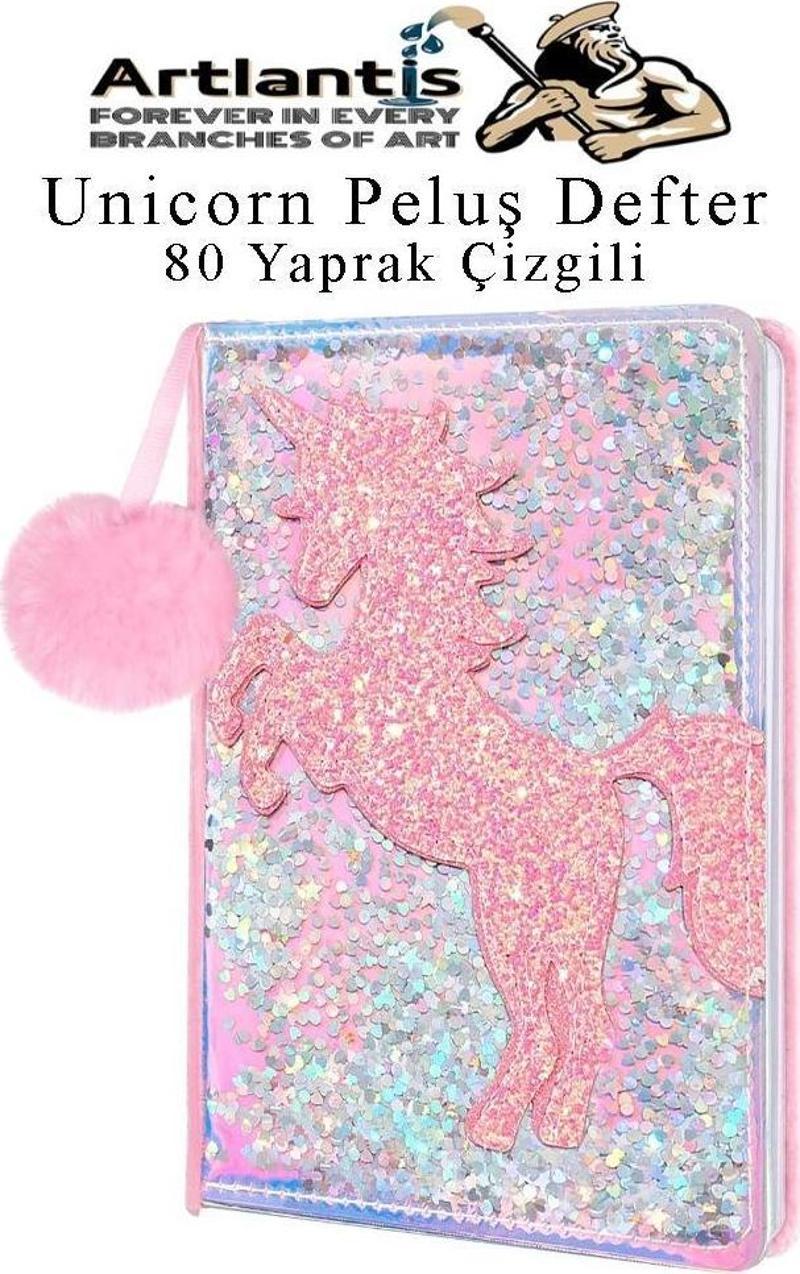 Unicorn Simli Peluş Çizgili Defter 1 Adet Hatıra ve Günlük Defteri Peluş Ponponlu Defter A5 80 Yaprak