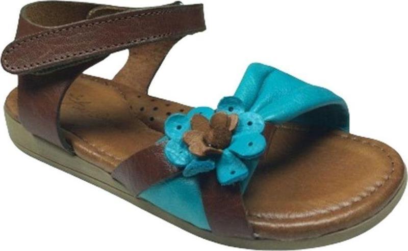 Trend Kahve Turkuaz Kız Çocuk Sandalet Ayakkabı %100 Hakiki Deri