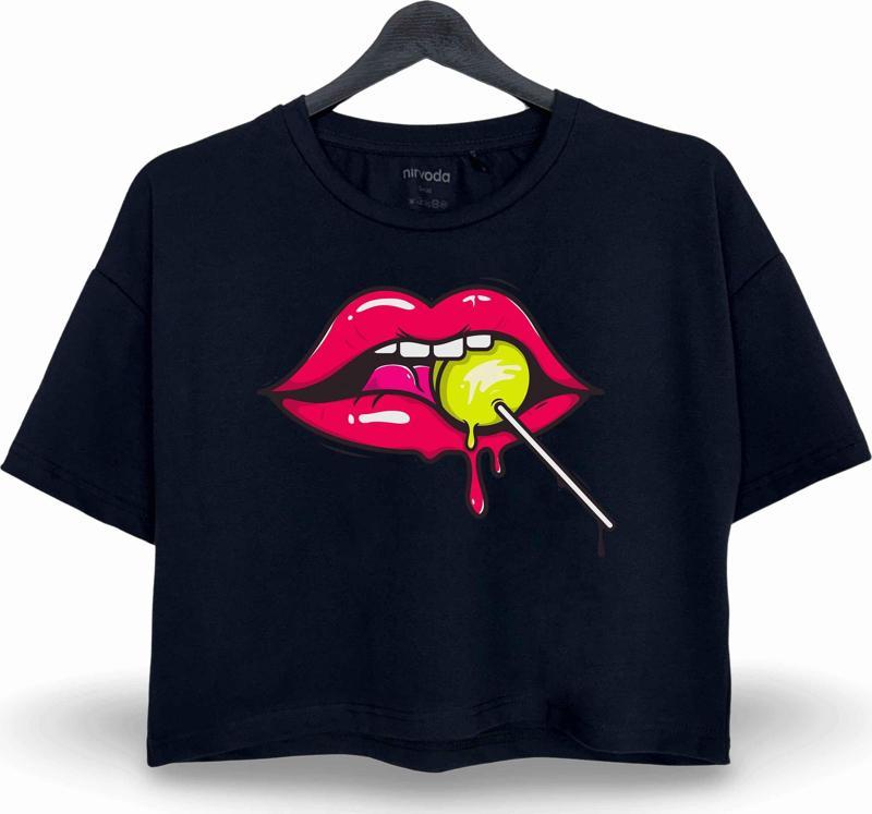 Lolipop Dudak Baskılı Oversize Crop Tişört