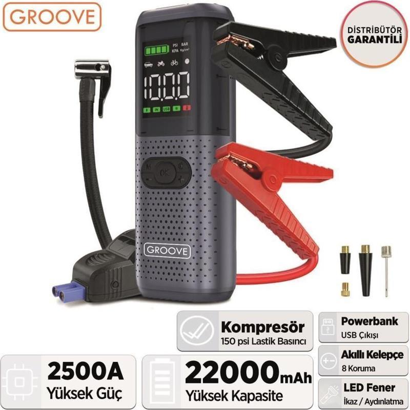 HCB002 22000mAh 2500A Akü Takviye Cihazı + Lastik Şişirme Kompresörlü Jump Starter Powerbank+Led Lamba+LCD Ekran