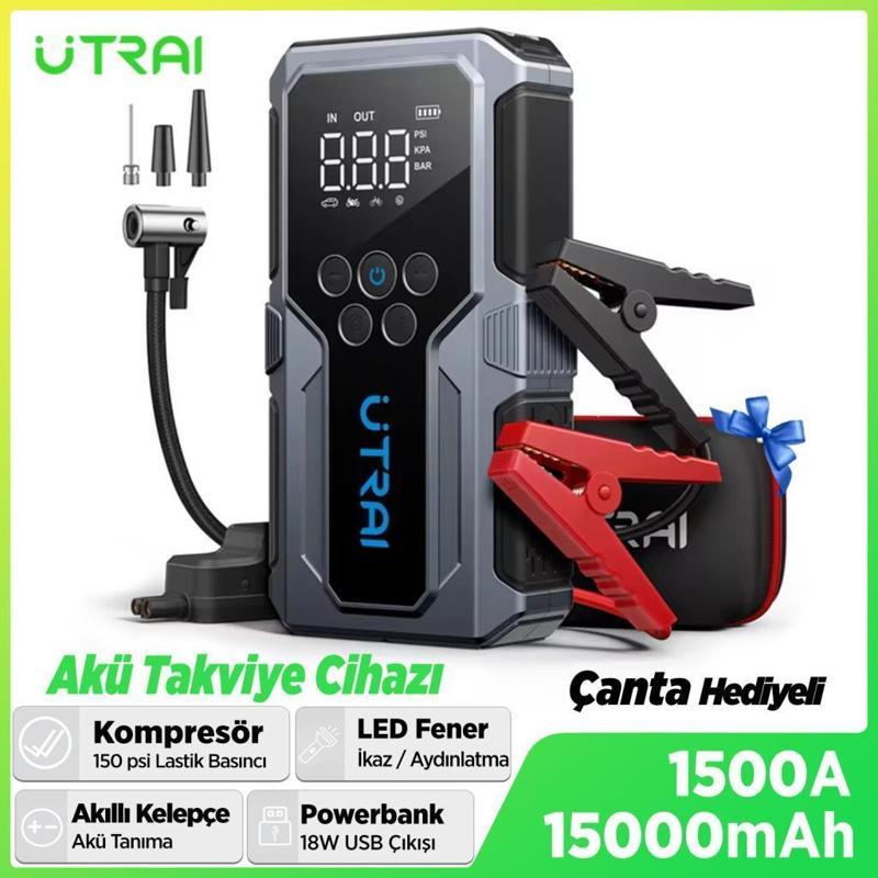 UTRAI JS-9 Jstar 9 15000mAh 1500A Akü Takviye Cihazı+Lastik Şişirme Pompası Jump Starter (Çanta+Powerbank+Led Lamba+LCD)