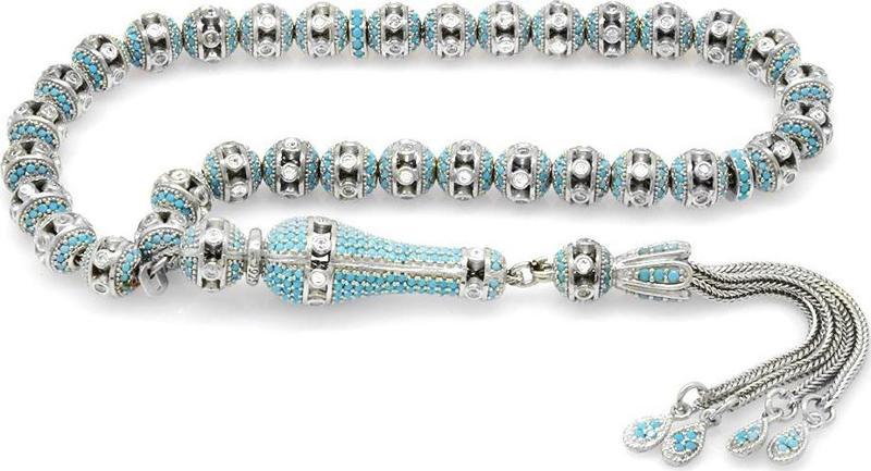 Turkuaz Zirkon Taşlı Silver Renk Küre Kesim 925 Ayar Gümüş Tesbih