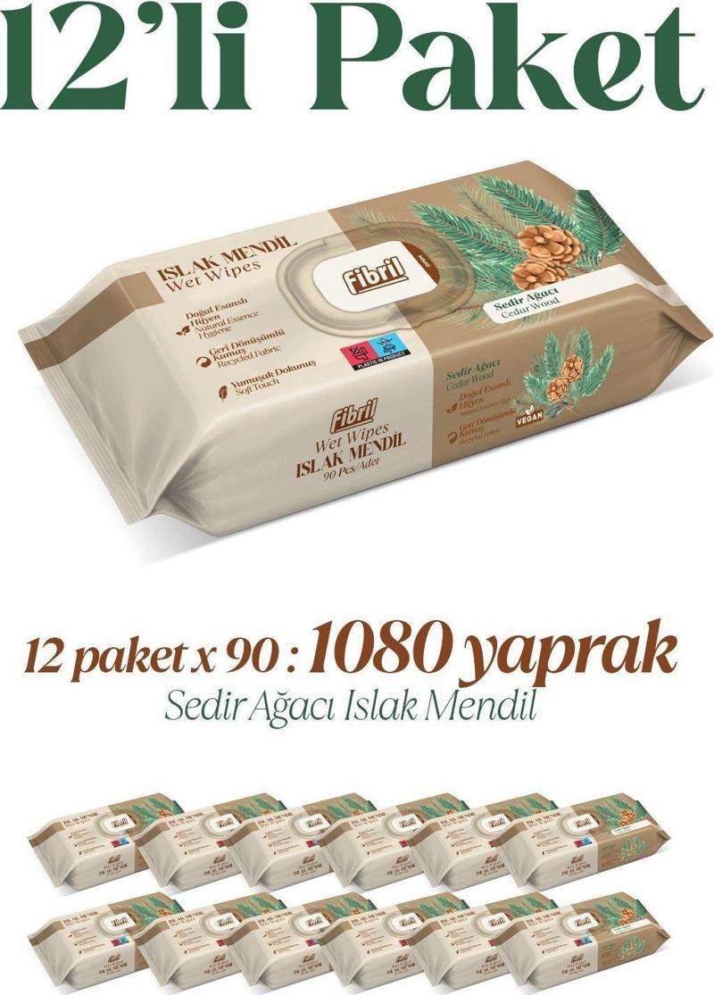 Sedir Ağacı Kokulu Islak Mendil 12X90 Lı Paket 1080Yaprak Doğal Esans , Geri Dönüştürülebilir Kumaş