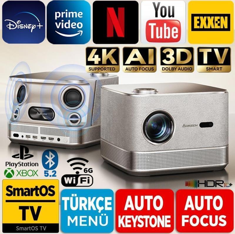 Aurzen Boom 3 4K Android TV Projeksiyon Cihazı +Auto Focus+Auto Keystone+6G WiFi+5.2 Bluetooth+300 İnç Yansıtma