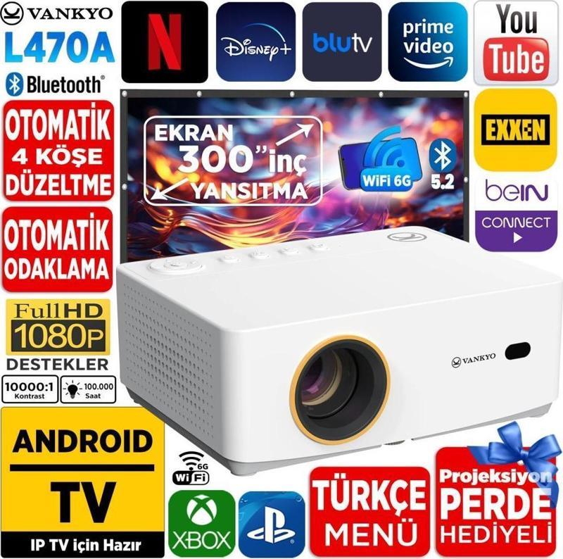 Leisure L470A Android TV 1080P Destekli Projeksiyon Cihazı +Auto Focus+Auto Keystone+6G WiFi+5.2 Bluetooth Beyaz