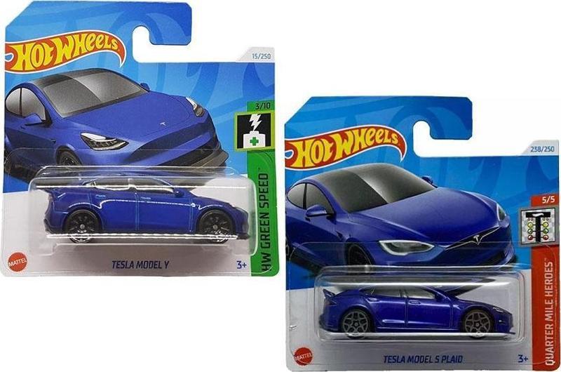 2 Araç Hot Wheels Set - Tesla Model Y & Tesla Model S Plaid (1/64) Lacivert