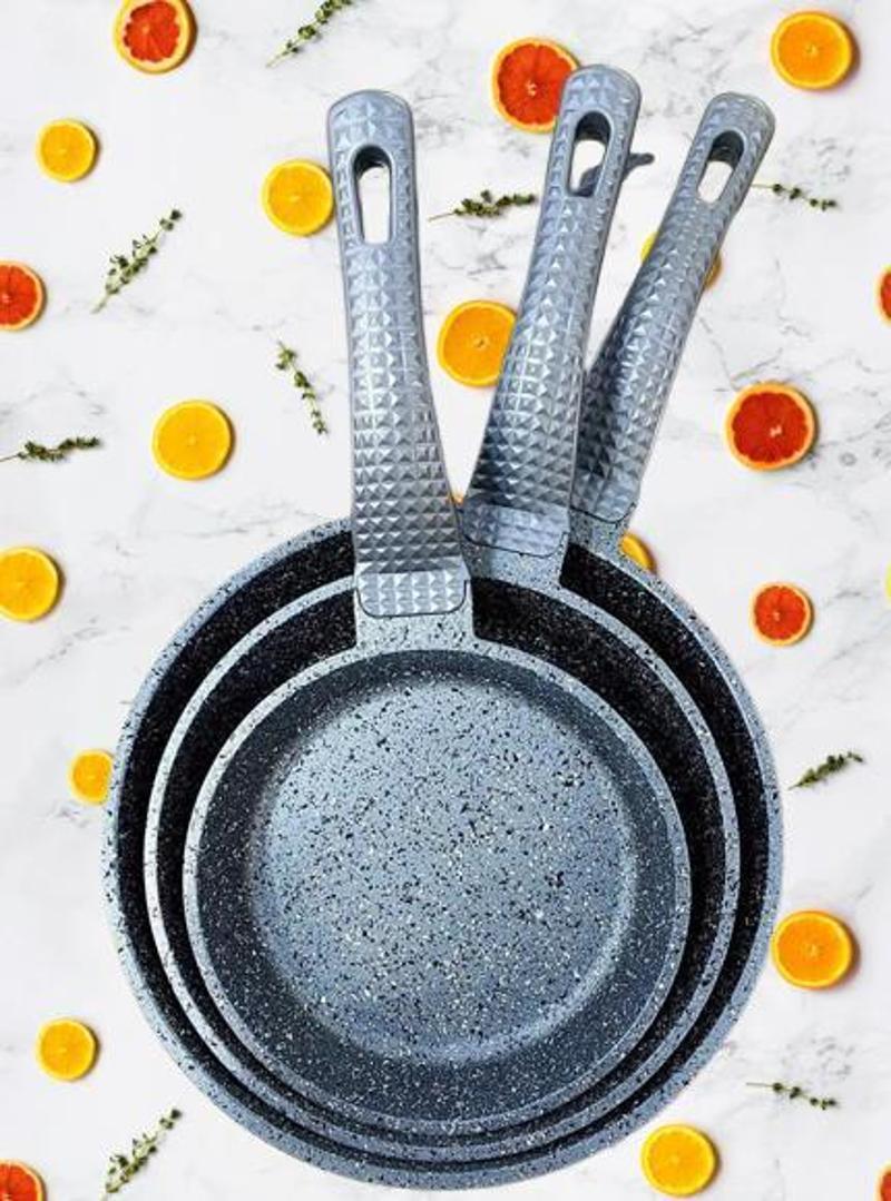 3737 Fry Pan Döküm Granit 3 Parça Tava Seti Gri (20-24-28 cm)