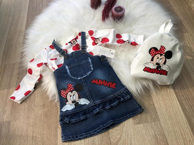 Minnie Desenli Badili Çantalı 3lü  Kız Çocuk Ayarlanabilir Askılı Uzun Kollu Kot Jile