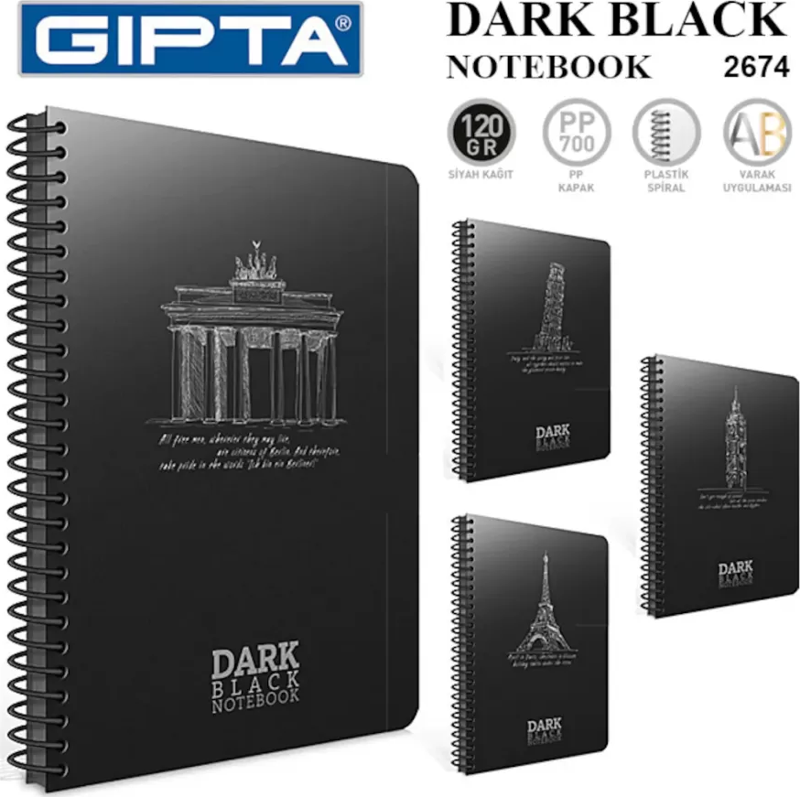 Dark Spiralli Siyah Defter A4 Düz 50 Yaprak (2672)