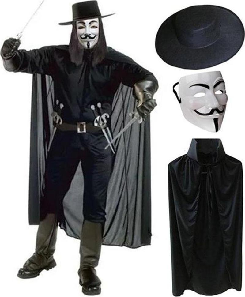 V For Vendetta Maskesi Şapkası ve Pelerin Kostüm Seti Yetişkin Boy