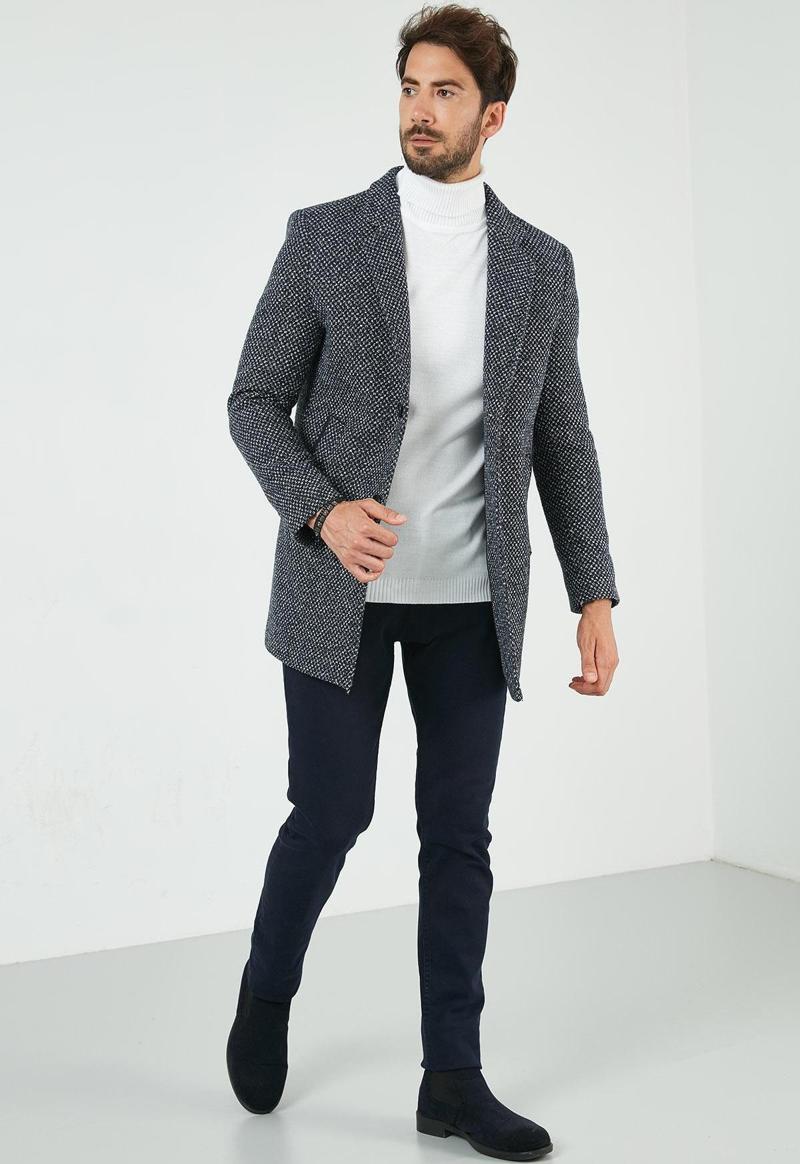 Slim Fit Tek Yırtmaçlı Düğmeli Dik Yaka Kaşe Erkek Kaban 5840110 Lacivert Noktalı