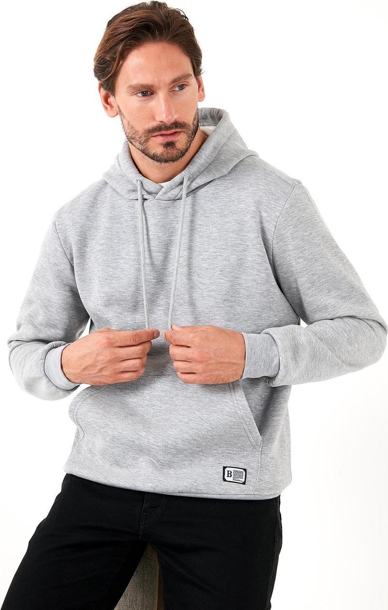 Slim Fit Kapüşonlu Kanguru Cepli İçi Tüylü Yumuşak Şardonlu Erkek Sweat 5905281 GRİ MELANJ