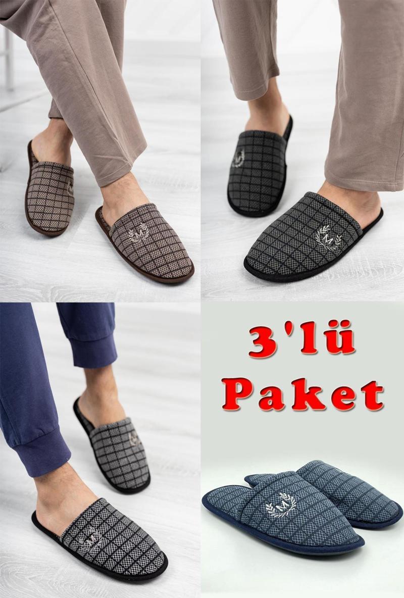 3'LÜ Paket Motif Erkek Terlik Ev Terliği