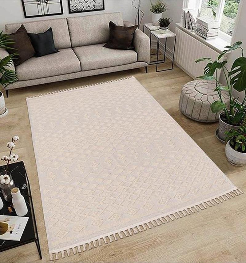 Dekoratif Modern Naturel Kayma Yapmayan Yıkanabilir Pamuk Dokuma Kilim Saçaklı 7010