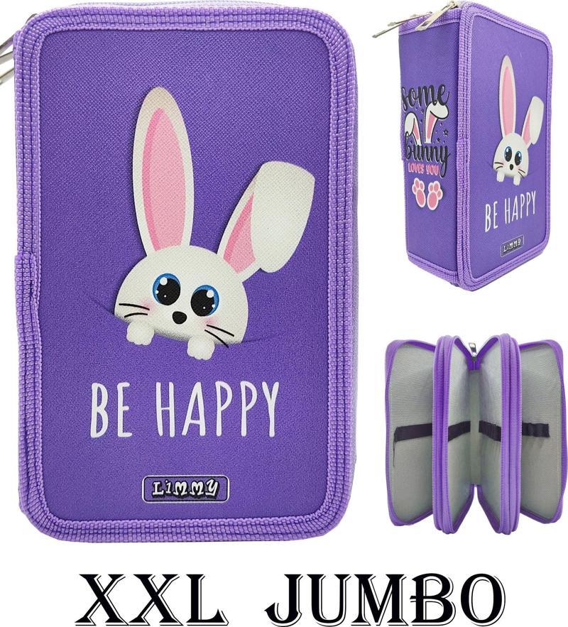 XL Jumbo Model Sevimli Tavşan Kalem Kutusu Organizer Kalemkutu 3 Bölmeli Kalemlik Mor