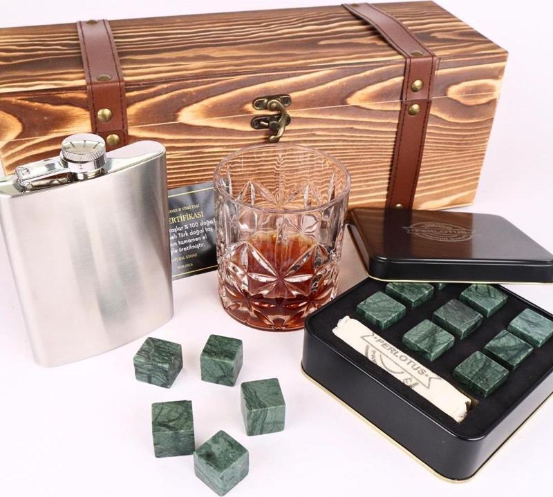 Paris Viski Bardağı 9 Adet Viski Taşı 8 Oz Cep Matarası Sandıklı Set