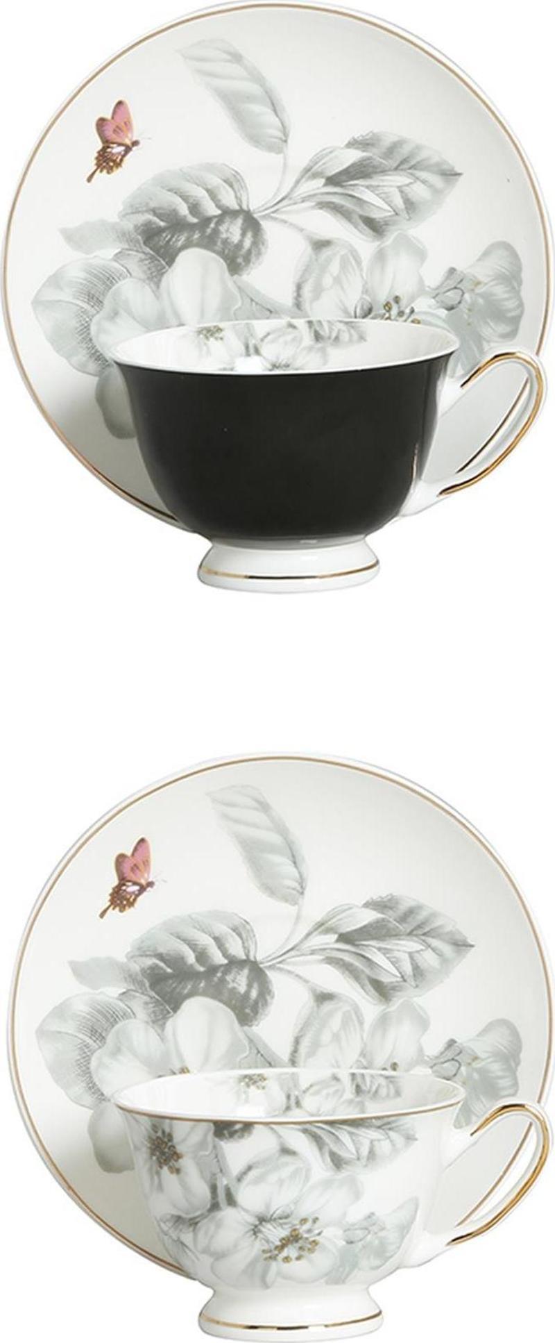 Harmonia New Bone China Gri&Siyah Naturel Desenli 2li Kahve Fincanı Seti LYFN011