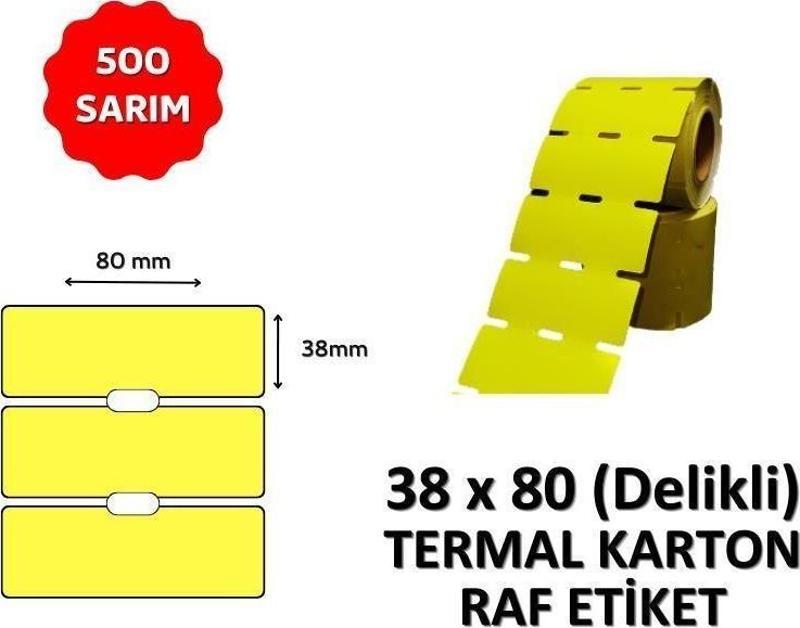 Termal Karton Raf Etiketi 38mm x 80mm DELİKLİ SARI - 500 Adet