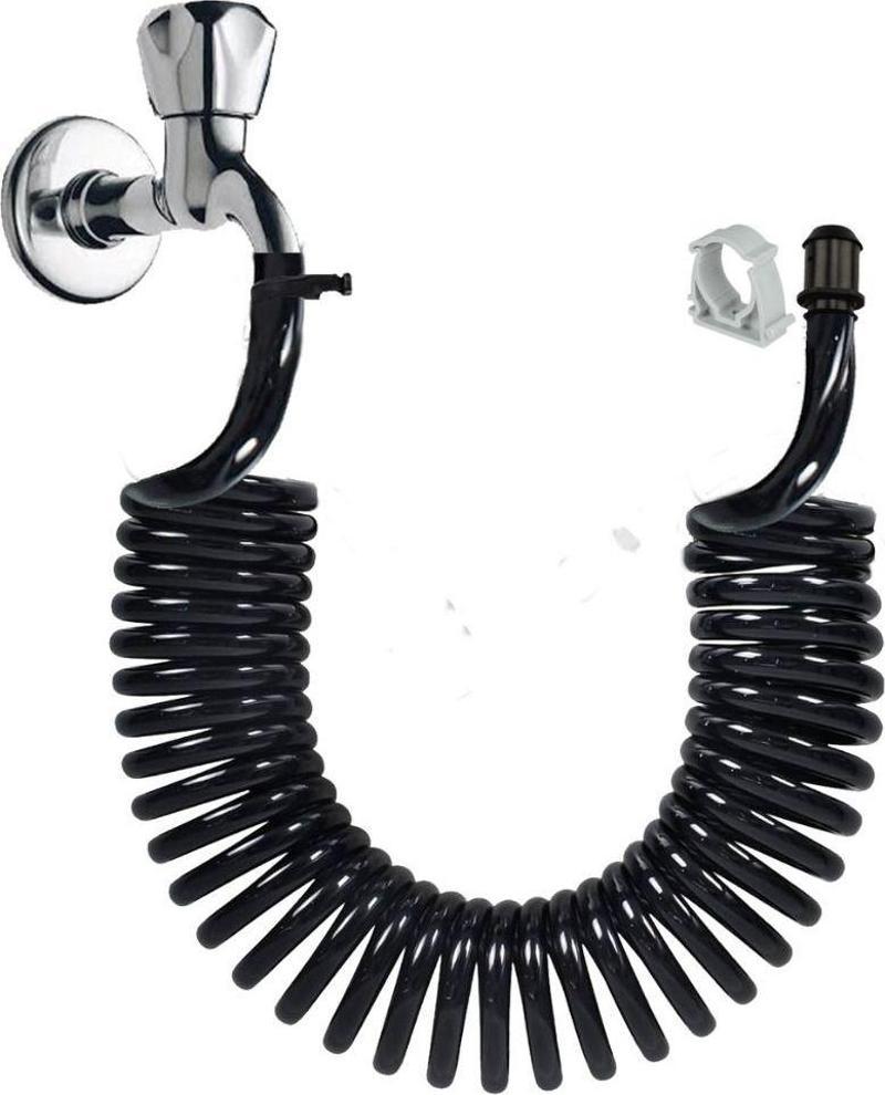 Spiral Wc Taharet Hortum Matik Ve Wc Banyo Yıkama Plastik Kelepçeli Set Siyah Inci 2.5 Metre