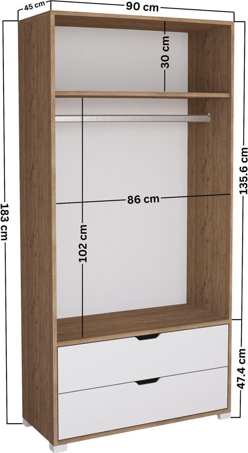 90 Cm Açık Ceviz-Beyaz 2 Kapılı 2 Çekmeceli Elbise Dolabı - Gardırop