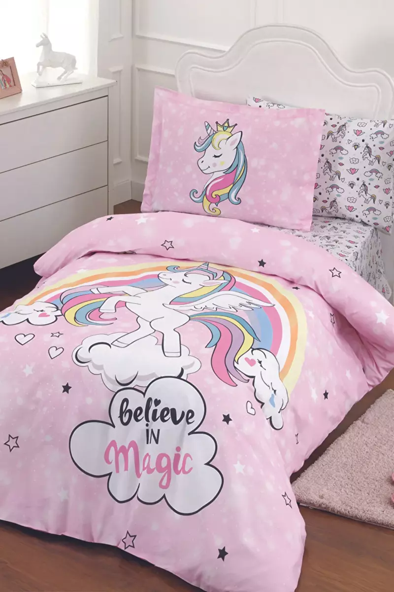 Unicorn Tek Kişilik Ranforce Nevresim Takımı - Pembe