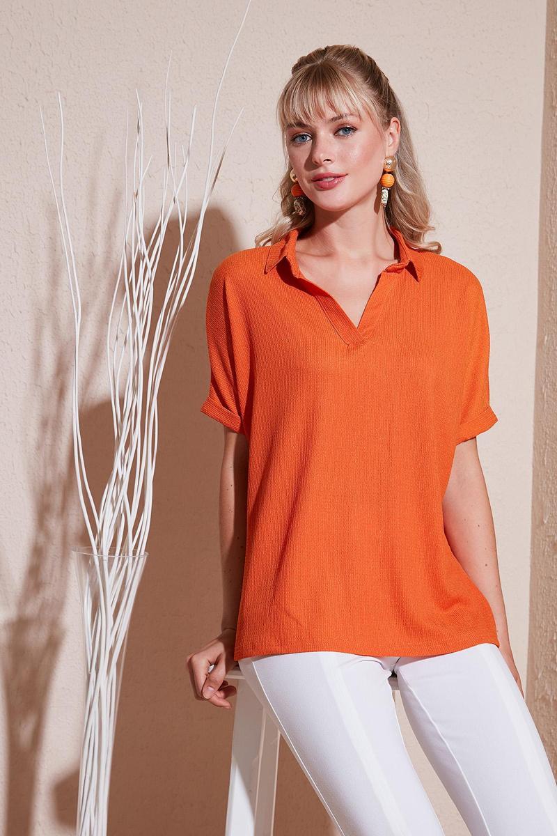 Polo Yaka Kısa Kollu Relaxed Fit Bayan Bluz 66904862S4 ORANJ