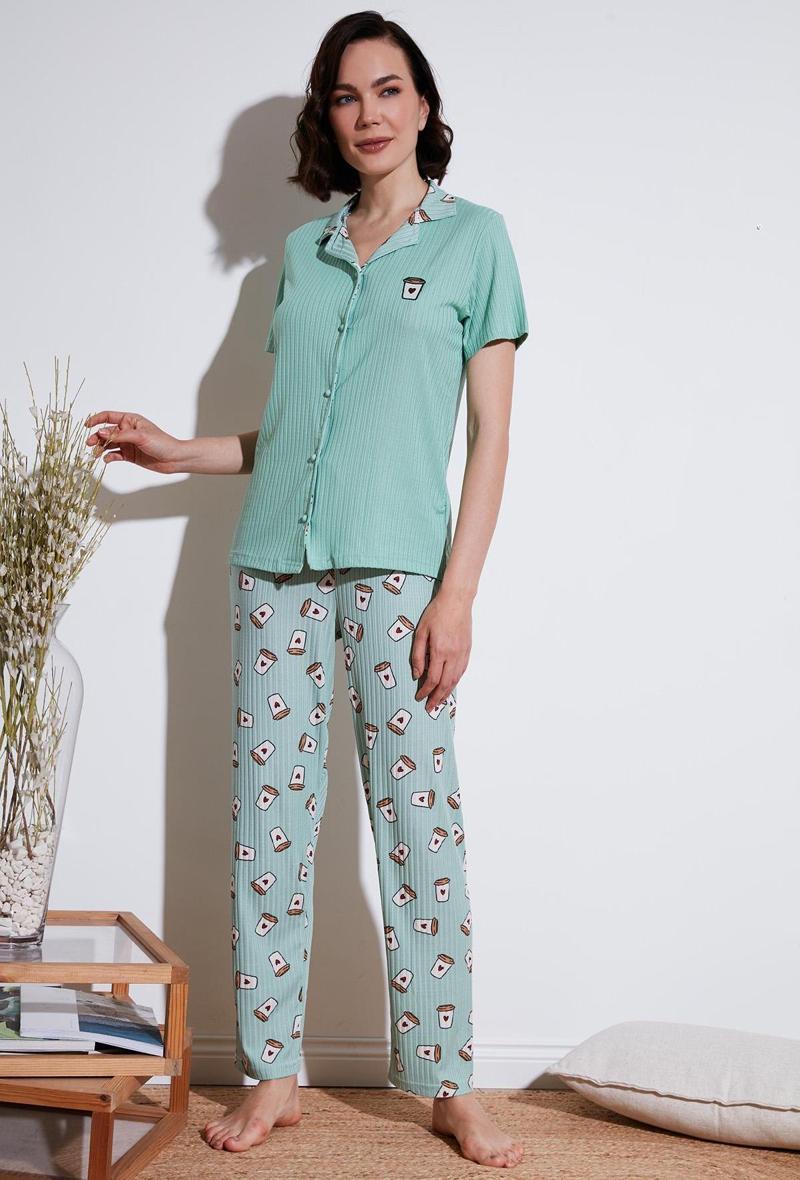 Regular Fit Gömlek Yaka Kısa Kollu Bayan Pijama Takımı 65740102 Mint-Bej