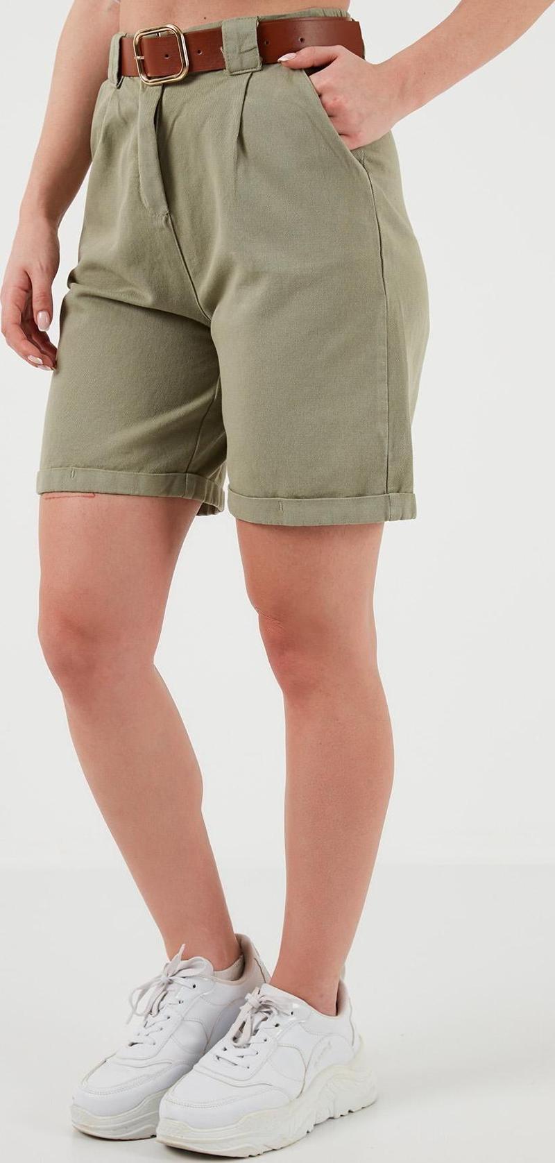 Pamuklu Relaxed Fit Kemerli Gabardin Bayan Short 668YP47102S4 AÇIK HAKİ