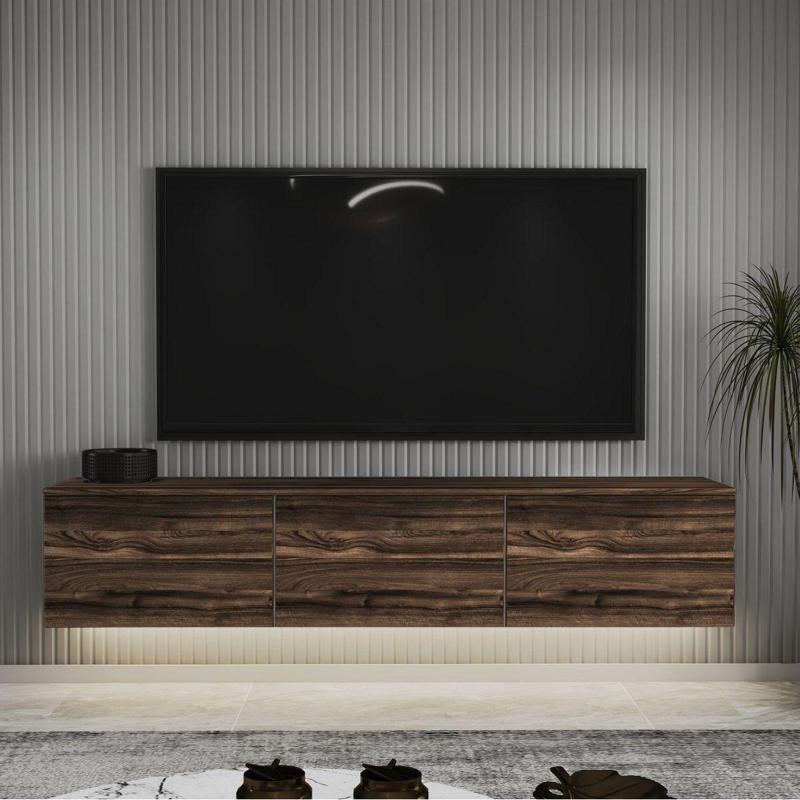 Neon Led Işıklı Duvara Monte,3 Kapaklı Tv Ünitesi,Tv Sehpası Sandık Ceviz