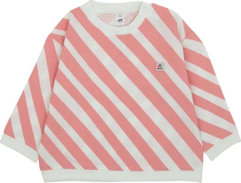 Omzu Çıtçıtlı Verev Çizgi Baskılı Sweatshirt Pembe