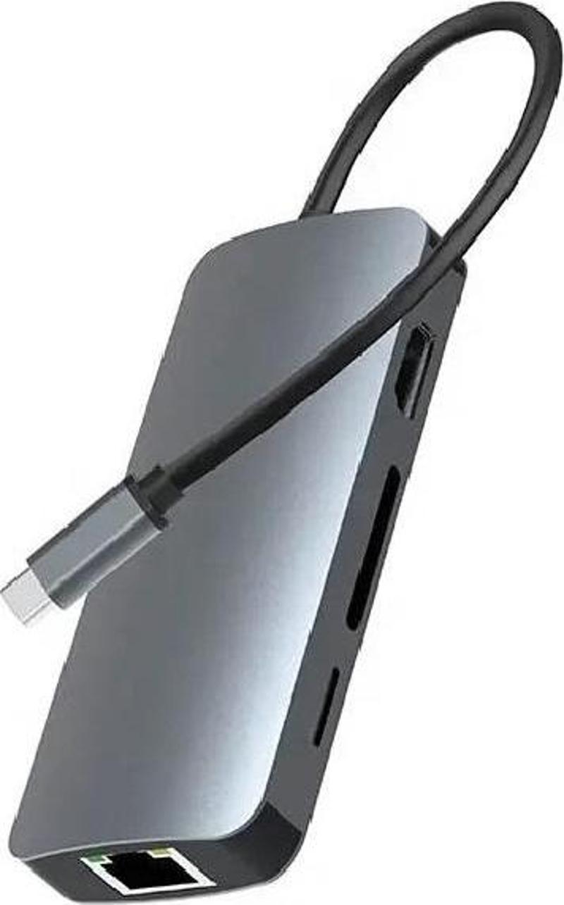 Type-C 8in1 4K Hdmi Rj45 Micro SD Tf 3xUsb 3.0 Şarj Girişli Hub Çevirici