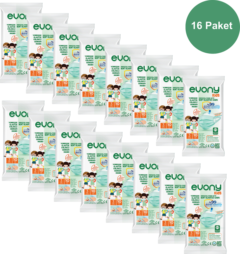 Kids 3 Katlı Yumuşak Elastik Kulaklı 10 lu Çocuk Maskesi x 16 Paket