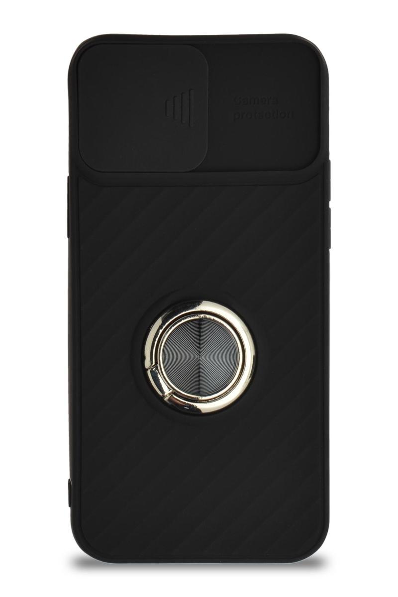 KZY İletişim Apple iPhone 12 Kapak Kamera Korumalı Yüzüklü Pastel Silikon Kılıf - Siyah