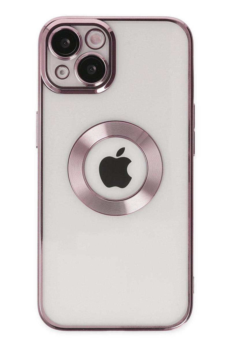 KZY İletişim Apple iPhone 13 Kapak Yanları Renkli Lens Korumalı Logo Gösteren Şeffaf Luxury Kılıf - Rose Gold