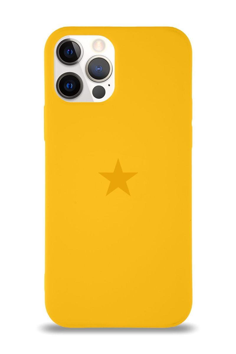 Kılıfmania Apple iPhone 12 Pro Kapak Yıldız Logolu İçi Kadife Lansman Silikon Kılıf - Sarı