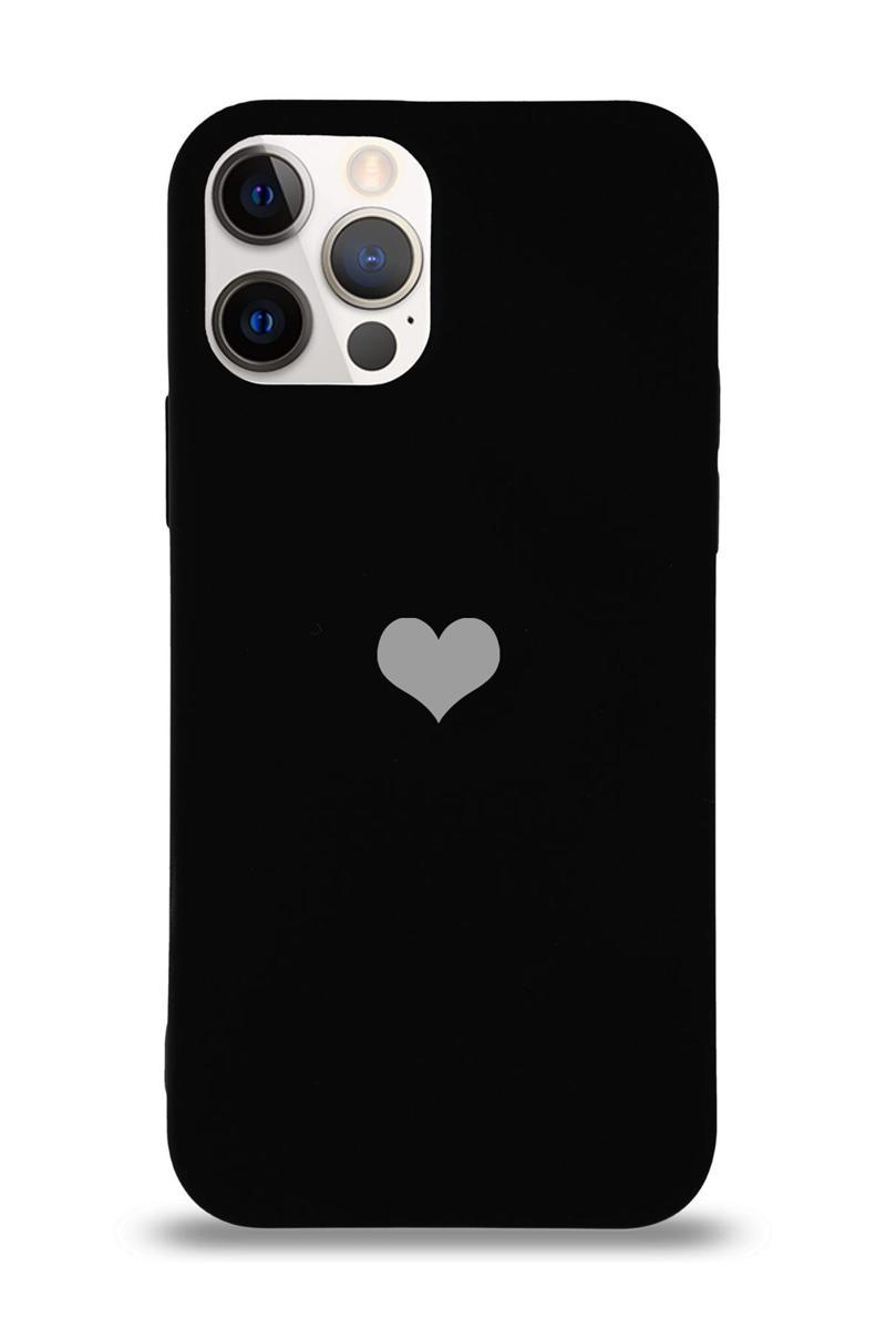 KZY İletişim Apple iPhone 12 Pro Kılıf Kalp Logolu Altı Kapalı İçi Kadife Lansman Silikon Kılıf - Siyah