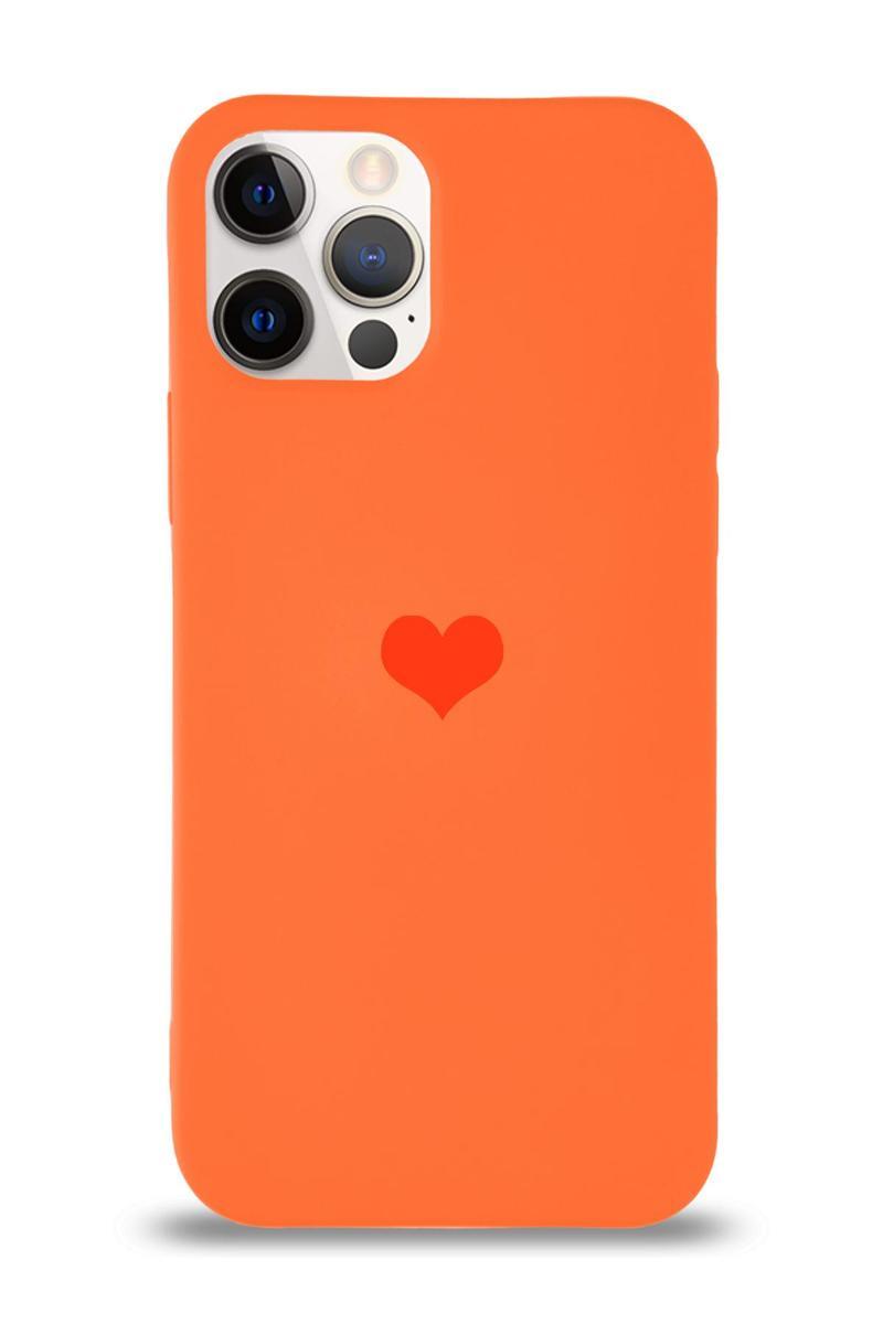 KZY İletişim Apple iPhone 12 Pro Kılıf Kalp Logolu Altı Kapalı İçi Kadife Lansman Silikon Kılıf - Turuncu