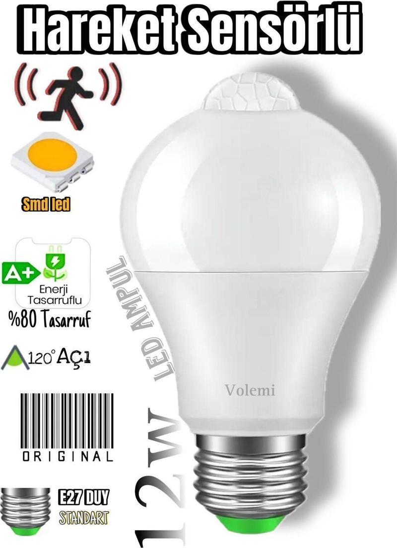 Hareket Sensörlü Hareket Algılayıcılı Led Lamba E27 Duy 12W Işık Lamba A Otomatik Led Ampül