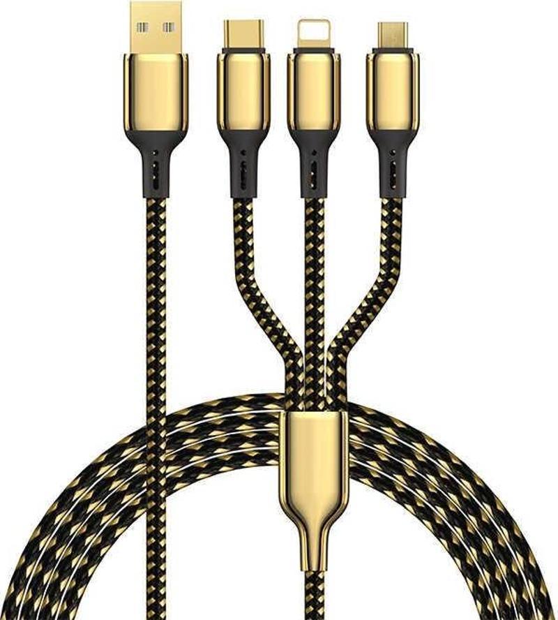 Golden Series GD-104 3 in 1 USB Kablo 3A 20W Hızlı Şarj Kablosu 18K Altın Kaplama 120 cm