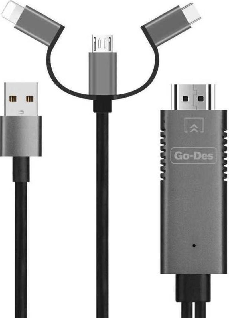 GD-8272 3 in 1 HDMI Erkek Kablo FHD 1080p (Type-C + Lightning + Micro ) 180 cm