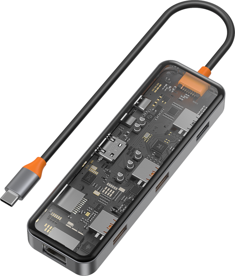 CB008 Cyber 8 in 1 Type-C Hub 100W Şarj Destekli Şeffaf Görünüm SD Kart-RJ45-Hdmi-Usb Çoğaltıcı