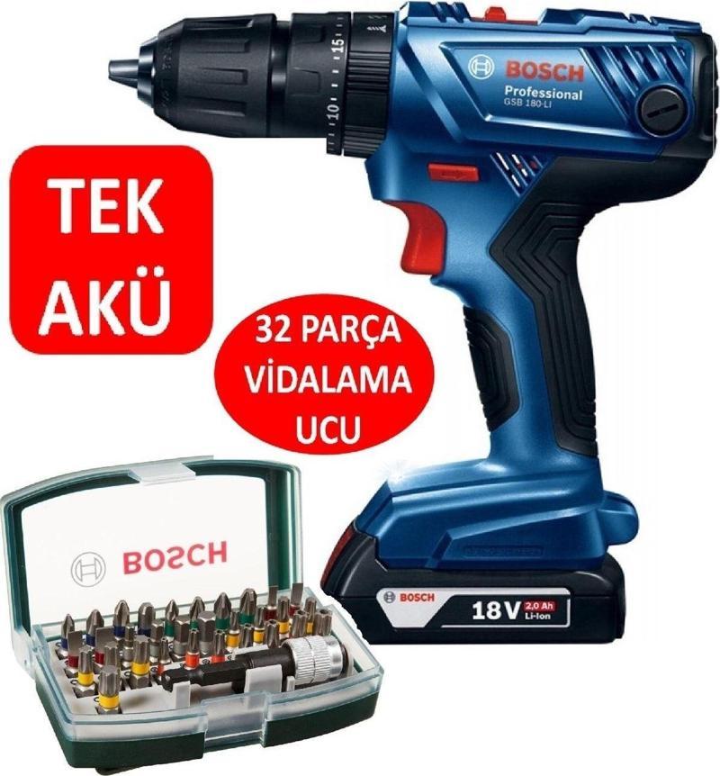 Tek Akülü Şarjlı Matkap Darbeli Matkap 18V Akülü Vidalama + Bosch 32 Parça Vidalama Ucu Seti