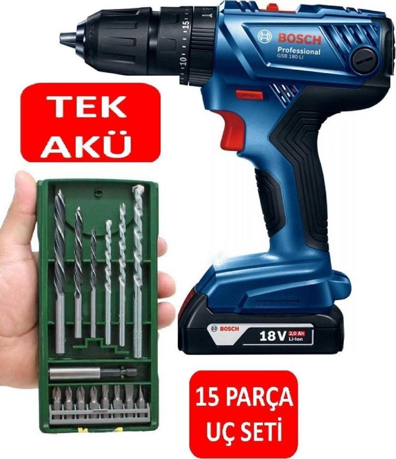 Tek Akülü Şarjlı Matkap Darbeli Matkap Akülü Vidalama + Bosch 15 Parça Matkap Ucu Vidalama Ucu