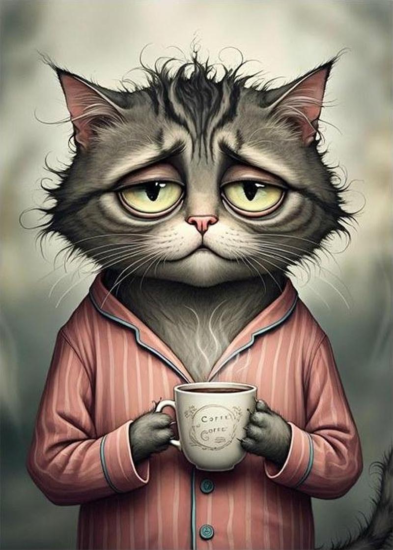 Çay İçen Kedi Portre Desenli Ahşap Tablo