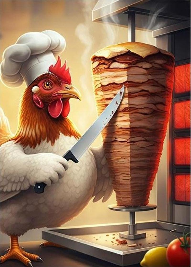 Döner Kesimi Yapan Tavuk Tasarım Ahşap Tablo