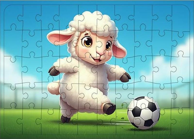 Ahşap Mdf Puzzle Yapboz Futbol Oynayan Şirin Kuzu 50 Parça 35*50 cm