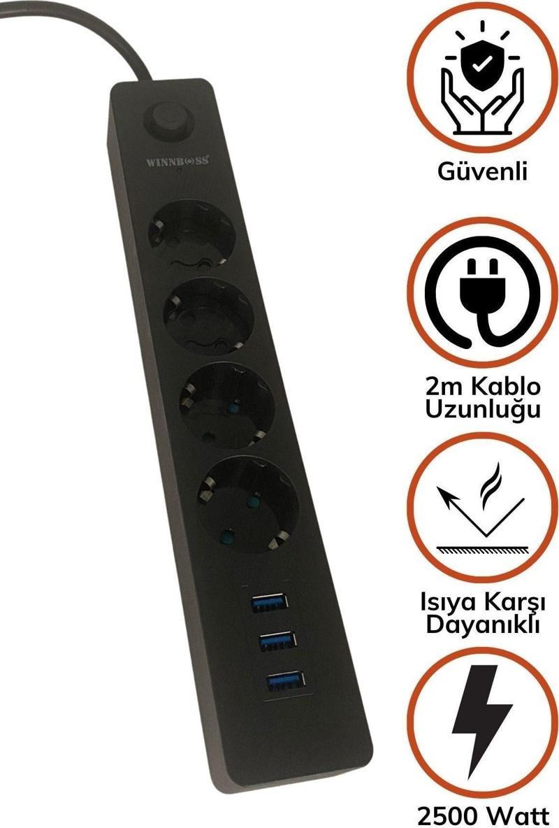 Termak Akım Korumalı 4 Priz 3 Usb Girişli Uzatma Kablosu Güç&Şarj