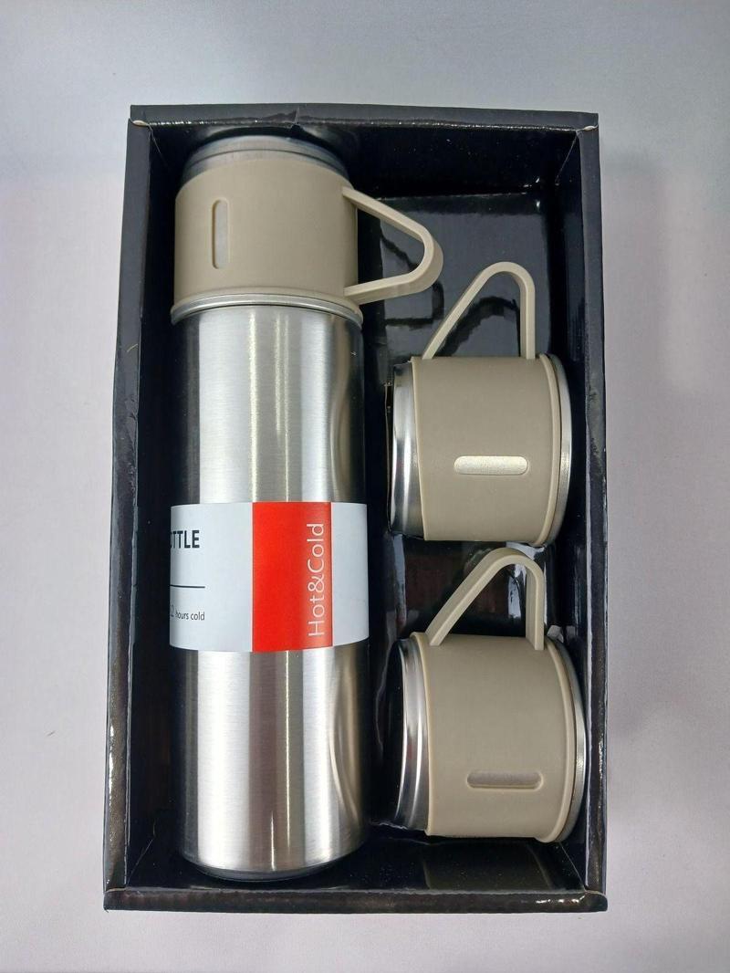 Vacuum Flask Set Üç Bardaklı Kutulu Paslanmaz Çelik Termos Seti 500 Ml